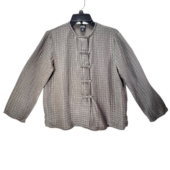 Eileen Fisher XS Jacket Textured Silk Linen Olive Green Mandarin Collar Buttons - Picture 1 of 11